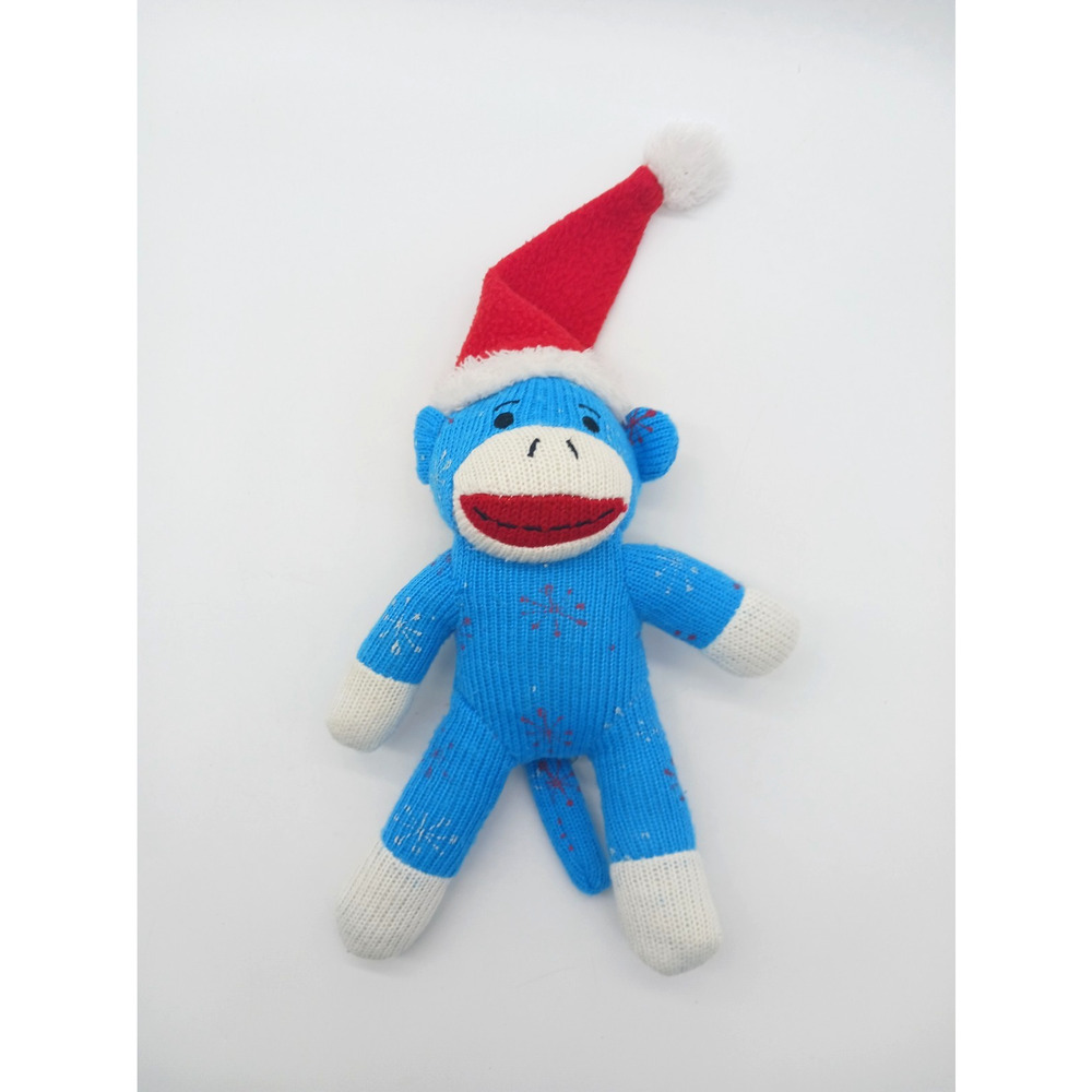 8" Dan Dee Blue Plush Sock Monkey Wearing Santa Claus Hat Christmas